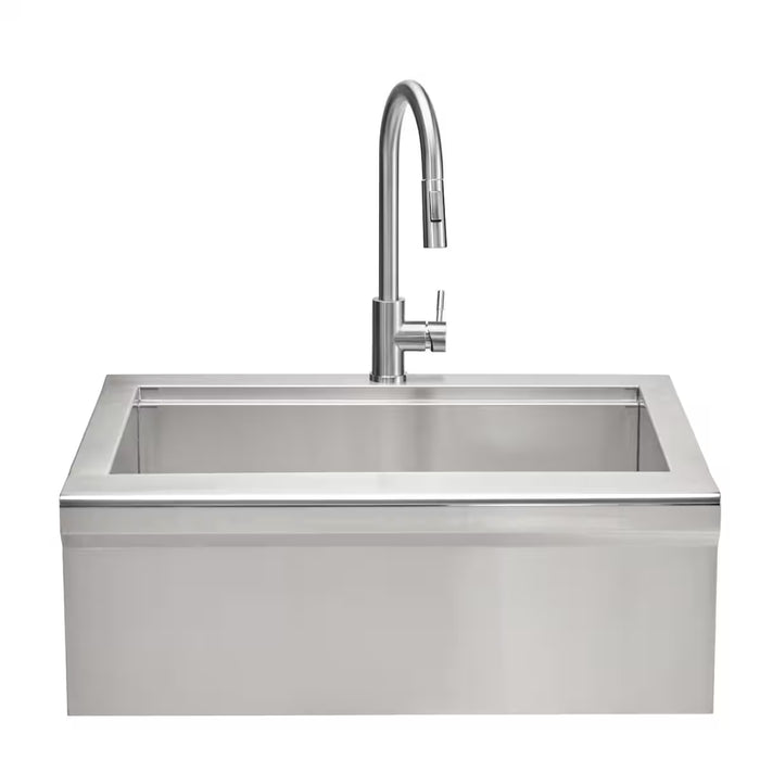 Stono Outdoor Living The Coyote 30" Farmhouse Sink & Faucet (C3FHSINK) is a modern stainless steel sink with a high-arc faucet and deep rectangular basin—ideal for laundry rooms, outdoor kitchens, or as a stylish utility sink.