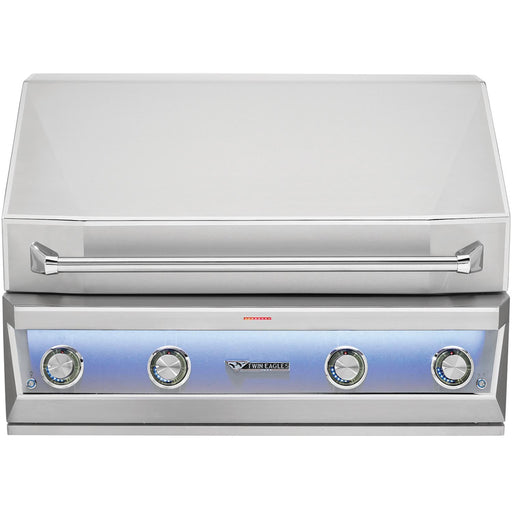 Stono Outdoor Living The Twin Eagles Eagle One 42-Inch 3-Burner Built-In Propane Gas Grill (TE1BQ42RS-L) features a stainless steel body, closed lid, four control knobs, sear zone, infrared rotisserie burner, and sleek modern design with front handle and branding.