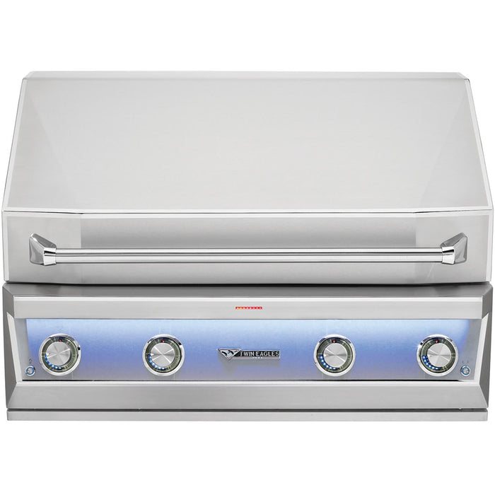 Stono Outdoor Living The Twin Eagles Eagle One 42-Inch 3-Burner Built-In Propane Gas Grill (TE1BQ42RS-L) features a stainless steel body, closed lid, four control knobs, sear zone, infrared rotisserie burner, and sleek modern design with front handle and branding.