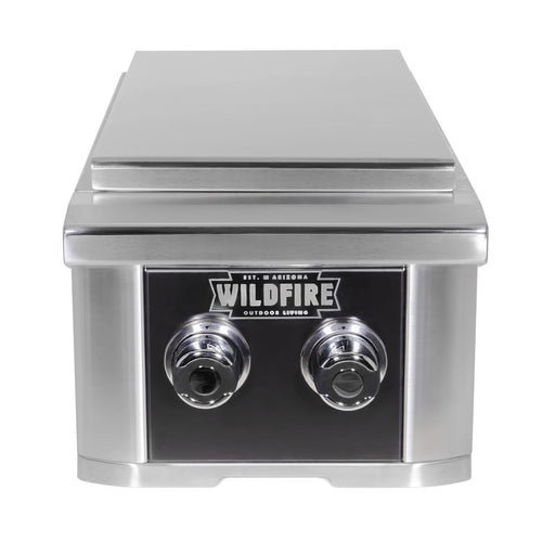 Stono Outdoor Living The Wildfire Outdoor Living Ranch Pro Double Side Burner 304 Black SS Propane (WFDBLSBRN-BSS-LP) features a sleek black stainless steel front, two control knobs, and a closed lid—an ideal addition to your outdoor kitchen setup.