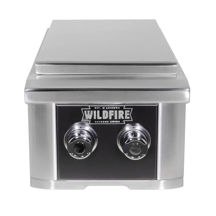 Stono Outdoor Living The Wildfire Outdoor Living Ranch Pro Double Side Burner 304 Black SS Propane (WFDBLSBRN-BSS-LP) features a sleek black stainless steel front, two control knobs, and a closed lid—an ideal addition to your outdoor kitchen setup.