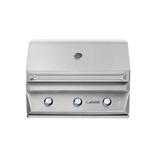 Stono Outdoor Living The Twin Eagles 36-Inch 3-Burner Built-In Propane Gas Grill (TEBQ36G-CL) features a Five-Part Grilling System, blue-lit knobs, stainless steel burners, and a built-in temperature gauge, all set in sleek stainless steel against a white background.