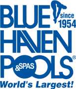 Stono Outdoor Living Blue Haven Pools & Spas logo in blue text, featuring a stylized swimmer above since 1954 and the tagline Worlds Largest! underneath.