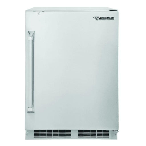 Stono Outdoor Living The Twin Eagles 24-Inch 5.1 Cu. Ft. Outdoor Rated Compact Refrigerator with Lock (TEOR24-G) features a stainless steel design, left-side vertical handle, bottom vent, and the Twin Eagles logo—ideal for any backyard kitchen.