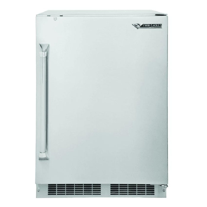 Stono Outdoor Living The Twin Eagles 24-Inch 5.1 Cu. Ft. Outdoor Rated Compact Refrigerator with Lock (TEOR24-G) features a stainless steel design, left-side vertical handle, bottom vent, and the Twin Eagles logo—ideal for any backyard kitchen.