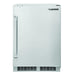 Stono Outdoor Living The Twin Eagles 24-Inch 5.1 Cu. Ft. Outdoor Rated Compact Refrigerator with Lock (TEOR24-G) features a stainless steel design, left-side vertical handle, bottom vent, and the Twin Eagles logo—ideal for any backyard kitchen.