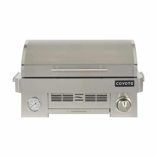 Stono Outdoor Living The Coyote 25" Portable Grill, 1 Burner, Ceramic (C1PORTLP) is made from marine-grade stainless steel and features a closed lid, front temperature gauge, control knob, and vent—all shown on a plain white background.