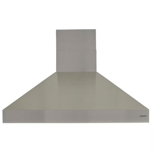 Stono Outdoor Living A modern stainless steel range hood with a rectangular chimney section, ideal for outdoor kitchens. The Coyote brand name appears on the bottom right along with a sleek Coyote duct cover for chimney hoods and ceilings.