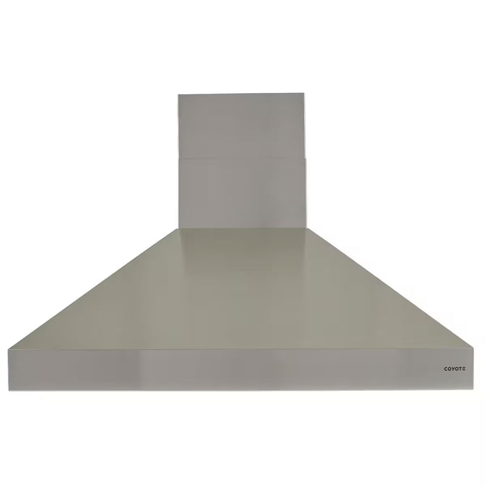 Stono Outdoor Living A modern stainless steel range hood with a rectangular chimney section, ideal for outdoor kitchens. The Coyote brand name appears on the bottom right along with a sleek Coyote duct cover for chimney hoods and ceilings.
