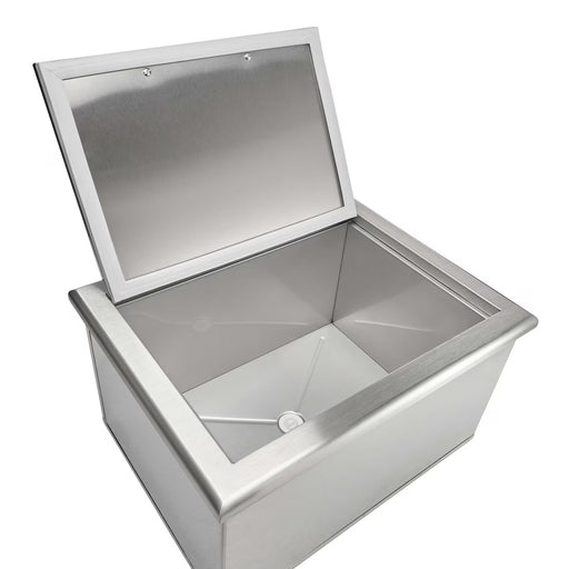 Stono Outdoor Living The Coyote 25" Drop In Cooler – C3-CDIC by Coyote features a stainless steel build, open hinged lid, smooth interior, and bottom drain—ideal as an outdoor kitchen cooler for entertaining spaces.