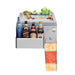 Stono Outdoor Living The Twin Eagles 18-Inch Built-In Stainless Steel Outdoor Bar (TEOB18-B) holds liquor bottles, four chilled wine bottles in an insulated compartment, garnishes like olives and limes, and features a side rack for a colorful towel.