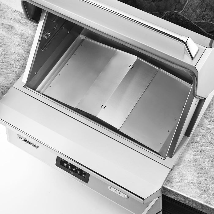 Stono Outdoor Living Black and white image of the Twin Eagles Wi-Fi Controlled 36-Inch Built-In Stainless Steel Pellet Grill and Smoker with Rotisserie (TEPG36R), featuring closed lid, clean metal grates, and control panel—premium outdoor equipment by Twin Eagles.