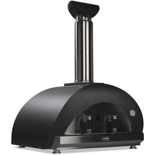 Stono Outdoor Living The Coyote 40" Duomo Wood Fired Outdoor Oven (Matte Black - C1PZ40WMB) by Coyote features a ceramic dome, curved top, tall stainless steel chimney, built-in thermometer, and dual front doors for modern outdoor cooking.