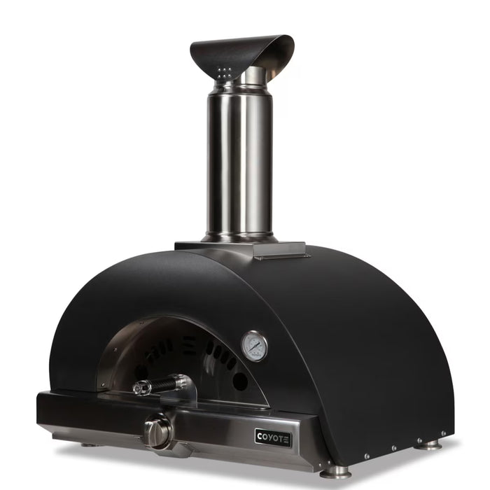 Stono Outdoor Living The Coyote 30" Hybrid Multi-Fuel Outdoor Oven in Matte Black features a stainless steel chimney, built-in temperature gauge, and front handle—delivering wood-fired flavor for any outdoor kitchen. Proudly branded with the Coyote logo.