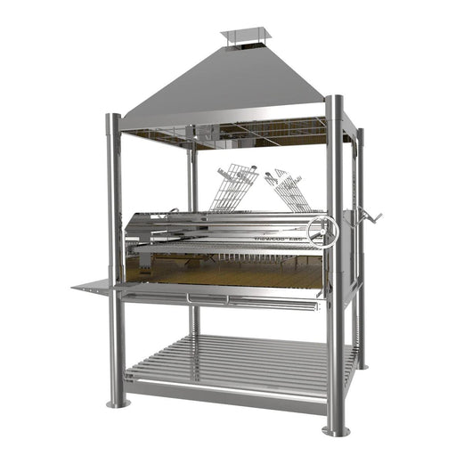 Stono Outdoor Living The Tagwood BBQ XL Argentine Stainless Steel Wood Fire & Charcoal Grill (BBQ22SS) by Tagwood BBQ features a chimney hood, adjustable grilling racks, side shelf, and lower storage grate for open-flame wood or charcoal cooking.