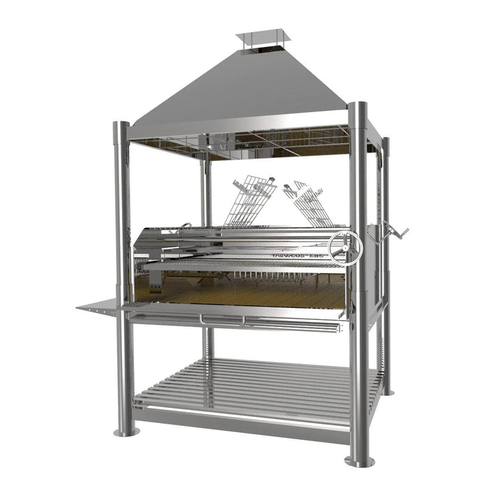 Stono Outdoor Living The Tagwood BBQ XL Argentine Stainless Steel Wood Fire & Charcoal Grill (BBQ22SS) by Tagwood BBQ features a chimney hood, adjustable grilling racks, side shelf, and lower storage grate for open-flame wood or charcoal cooking.