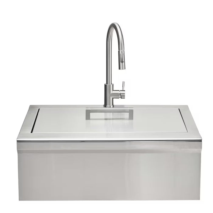 Stono Outdoor Living The Coyote 30" Farmhouse Sink & Faucet - C3FHSINK features a modern stainless steel finish, high-arched faucet, rectangular cover, and minimalist design—perfect for contemporary kitchens.