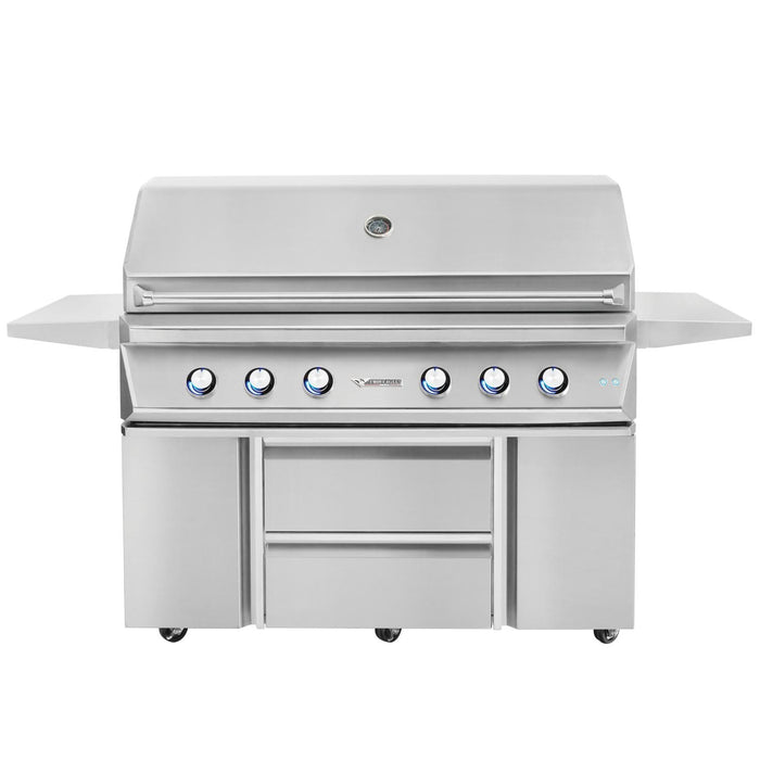 Stono Outdoor Living The Twin Eagles 36-Inch 3-Burner Built-In Gas Grill (TEBQ36RS-CN) features a Five-Part Grilling System, sear zone, infrared rotisserie burner, built-in thermometer, two side shelves, six control knobs, and storage drawers below.