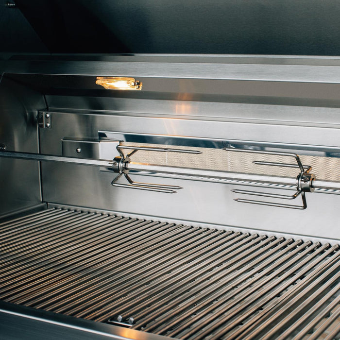 Stono Outdoor Living Close-up of the American Made Grills Estate 30-Inch Grill (Natural Gas, EST30-NG) by American Made Grills, featuring a stainless steel grill with rotisserie attachment, open lid, and interior light to showcase its premium features.