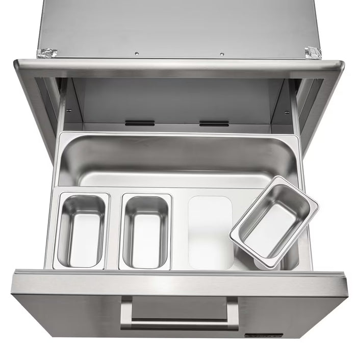 Stono Outdoor Living The Coyote 26" Pull Out Ice Chest (C3-CPOC) is a stainless steel outdoor kitchen station with an open lid, featuring three rectangular containers inside—two set in place and one tilted and resting on the edge.