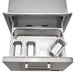 Stono Outdoor Living The Coyote 26" Pull Out Ice Chest (C3-CPOC) is a stainless steel outdoor kitchen station with an open lid, featuring three rectangular containers inside—two set in place and one tilted and resting on the edge.