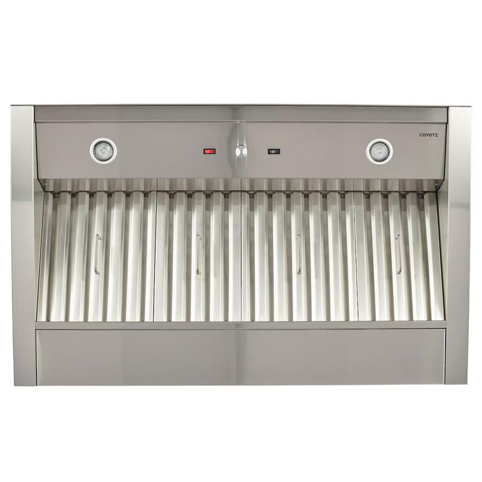 Stono Outdoor Living The Coyote 48" Outdoor Insert - C1LINER48 by Coyote offers stainless steel construction, two circular lights, control buttons, and multiple vertical vents for efficient outdoor hood ventilation.