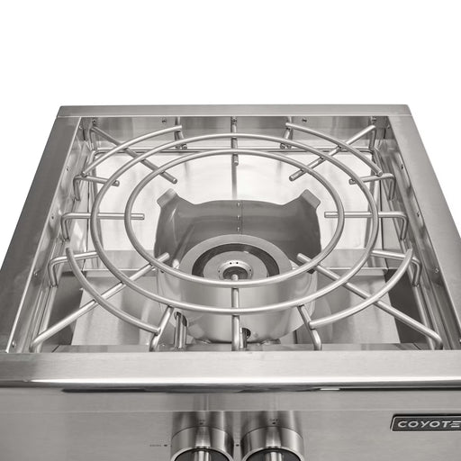 Stono Outdoor Living The Coyote 24" Power Burner in Natural Gas (C3PBNG) features a heavy-duty grate and control knobs, ideal for outdoor kitchens and built to handle large pots or woks.