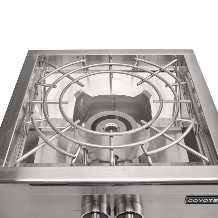Stono Outdoor Living The Coyote 24" Power Burner in Natural Gas (C3PBNG) features a heavy-duty grate and control knobs, ideal for outdoor kitchens and built to handle large pots or woks.