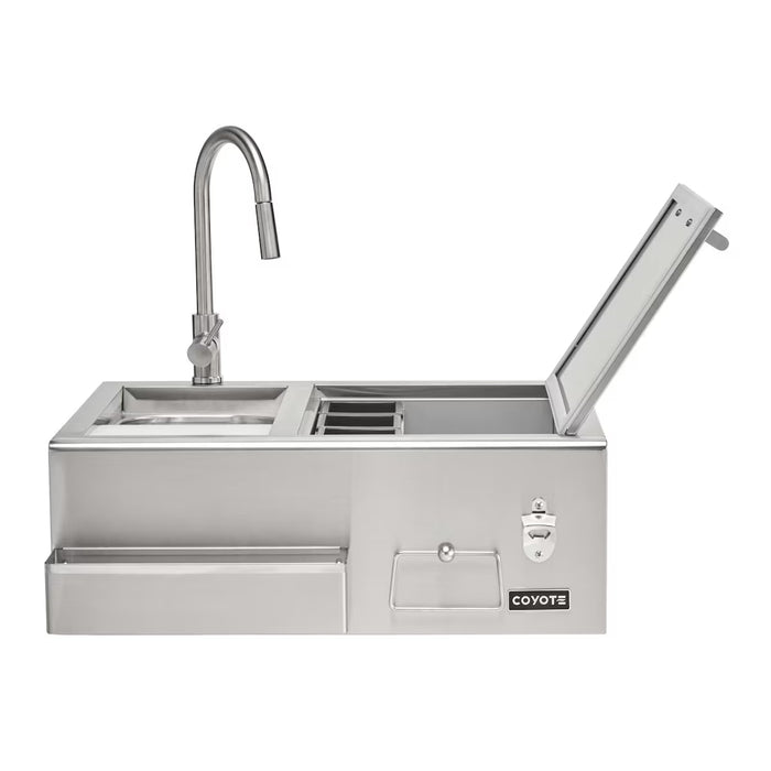 Stono Outdoor Living The Coyote 30" Refreshment Center w/ Sink, Faucet, and DI Cooler (C3RC) includes a tall faucet, covered compartment, storage drawer, bottle opener, and features the Coyote logo—ideal as a refreshment center for outdoor kitchens.