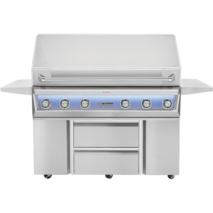 Stono Outdoor Living The Twin Eagles Eagle One 42-Inch 3-Burner Built-In Propane Gas Grill with Sear Zone & Infrared Rotisserie Burner (TE1BQ42RS-L) offers luxury grilling with five control knobs, two side shelves, a double-door cabinet, and upright lid design.