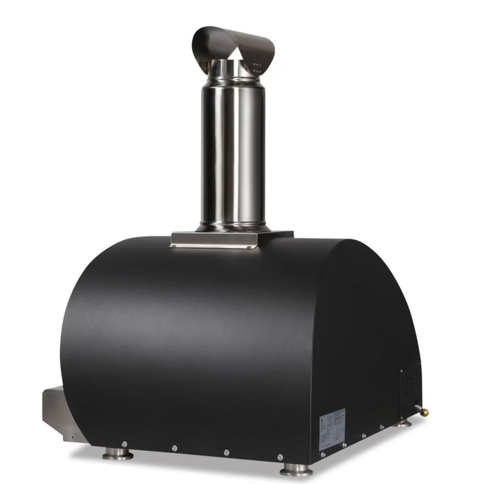 Stono Outdoor Living The Coyote 30" Hybrid Multi-Fuel Outdoor Oven in Matte Black (C1PZ30HMBLP) features a modern dome design with tall stainless steel chimney, perfect for wood-fired flavor in any outdoor kitchen.