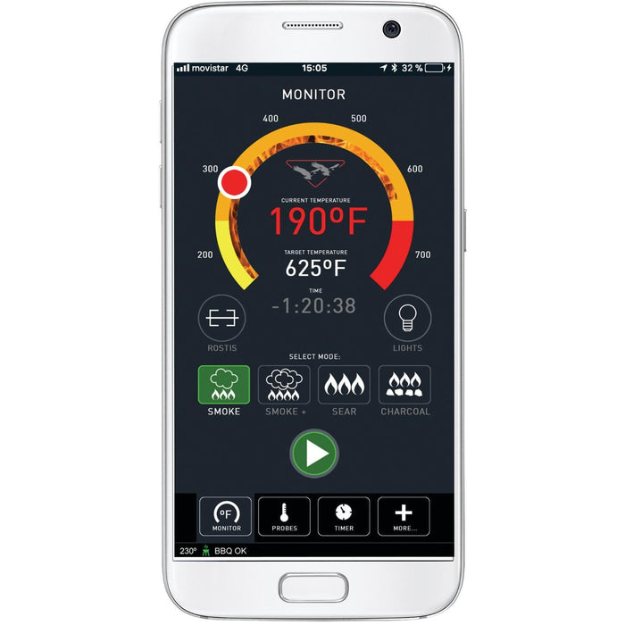 Stono Outdoor Living A smartphone shows the Twin Eagles app for the Wi-Fi Controlled 36-Inch Built-In Pellet Grill and Smoker (TEPG36R), displaying a 190°F current temp, 625°F target, 1h20m elapsed, and various cooking and control options on-screen.