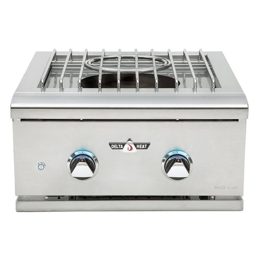 Stono Outdoor Living The Delta Heat 22-Inch Power Burner Propane Gas (DHPW22-L) features stainless steel construction, two control knobs, an ignition button, and a single power burner beneath a metal grate.