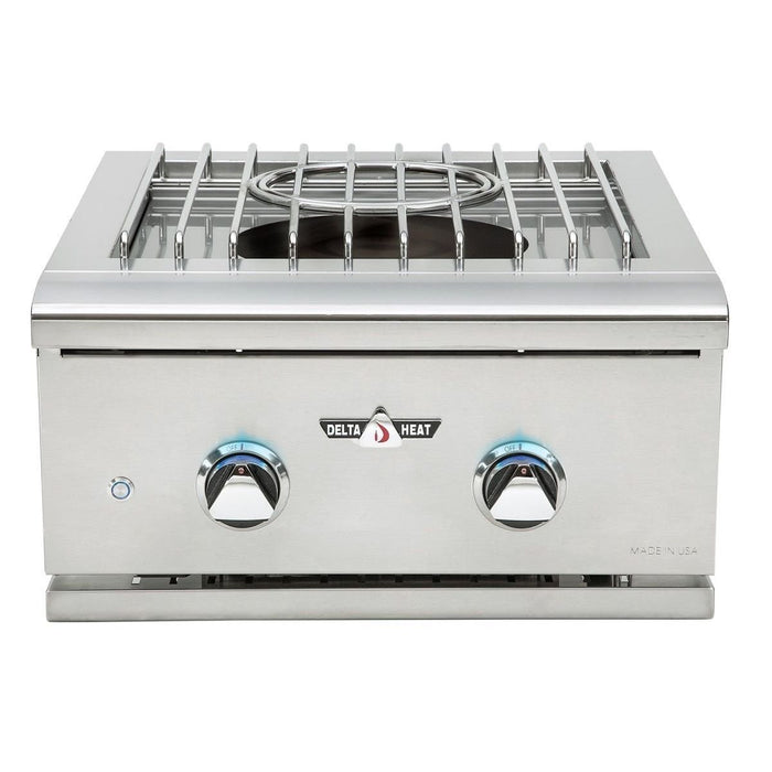 Stono Outdoor Living The Delta Heat 22-Inch Power Burner (DHPW22-N) features a 304 stainless steel build, dual ring brass burner, two control knobs with indicator lights, a metal grate, and displays the Delta Heat logo on the front panel.