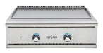 Stono Outdoor Living The Delta Heat 32-Inch Built-In Teppanyaki Grill (DHTG32L) features a 304 stainless steel build, two blue-lit control knobs, and a flat top. Made in the USA for top performance and style, with the Delta Heat brand centered on the unit. Propane gas model.