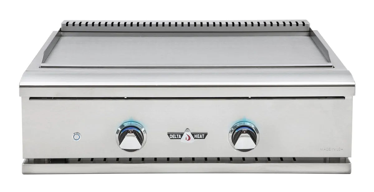 Stono Outdoor Living The Delta Heat 32-Inch Built-In Teppanyaki Grill Natural Gas (DHTG32N) features a stainless steel flat griddle top, LED control panel with two blue-lit knobs, and a sleek front—ideal for stylish outdoor cooking.