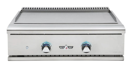 Stono Outdoor Living The Delta Heat 32-Inch Built-In Teppanyaki Grill Natural Gas (DHTG32N) features a stainless steel flat griddle top, LED control panel with two blue-lit knobs, and a sleek front—ideal for stylish outdoor cooking.