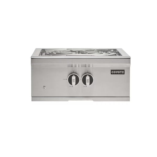 Stono Outdoor Living The Coyote 24" Power Burner in Natural Gas (C3PBNG), made of stainless steel with two control knobs, is ideal for outdoor kitchens or grills and is shown on a white background.