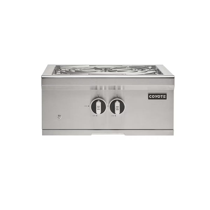 Stono Outdoor Living The Coyote 24" Power Burner in Natural Gas (C3PBNG), made of stainless steel with two control knobs, is ideal for outdoor kitchens or grills and is shown on a white background.