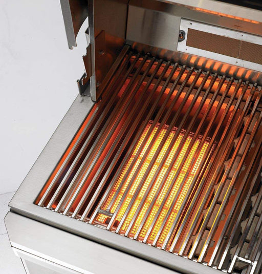 Stono Outdoor Living The clean, empty outdoor grill features a Delta Heat Sear Zone Kit For DHBQ26 (DHSZ26KIT-B) from Delta Heat; its infrared burner heats the grill grates, which glow orange as the partially visible lid remains open.