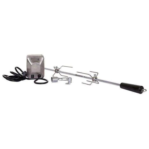 Stono Outdoor Living The Delta Heat Rotisserie Kit For 38-Inch Gas Grill (DHRS38-KIT-D) includes a motor, power cord, adjustable spit rod, meat prongs, and black handle—ideal for outdoor cooking and shown on a white background.