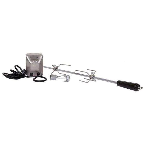 Stono Outdoor Living The Delta Heat Rotisserie Kit For 38-Inch Gas Grill (DHRS38-KIT-D) includes a motor, power cord, adjustable spit rod, meat prongs, and black handle—ideal for outdoor cooking and shown on a white background.