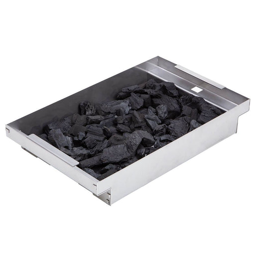 Stono Outdoor Living The Delta Heat Charcoal Tray - DHCT is a rectangular 304 stainless steel tray with side handles and a small cutout, designed to hold charcoal chunks for grilling or charcoal cooking. Brand: Delta Heat.