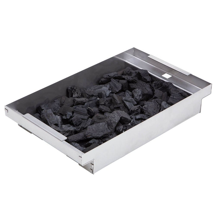 Stono Outdoor Living The Delta Heat Charcoal Tray - DHCT is a rectangular 304 stainless steel tray with side handles and a small cutout, designed to hold charcoal chunks for grilling or charcoal cooking. Brand: Delta Heat.