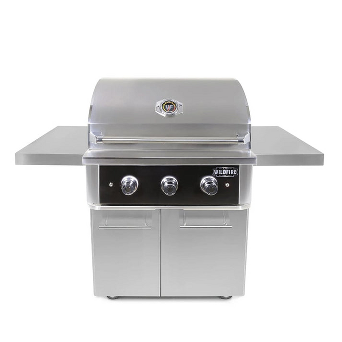Stono Outdoor Living The Wildfire Ranch Pro 36-in 3 Burner Black 304 SS Natural Gas Grill (WFPRO36G-BSS-NG) by Wildfire Outdoor Living features stainless steel burners, three knobs, hood thermometer, side shelves, and storage cabinets. Photographed on a white background.
