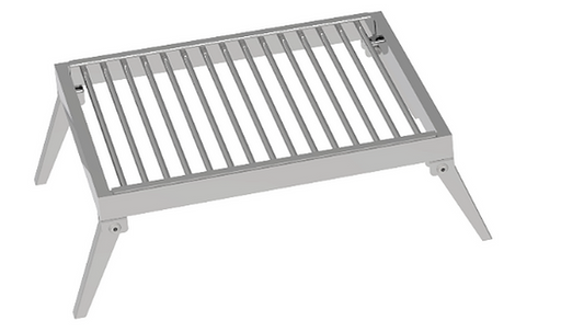 Stono Outdoor Living The Tagwood BBQ Small Fixed Grill - BBQ93SS features four foldable legs and evenly spaced bars. Made of 304 stainless steel, it’s designed for outdoor cooking over a fire and is shown elevated above the ground on a white background.