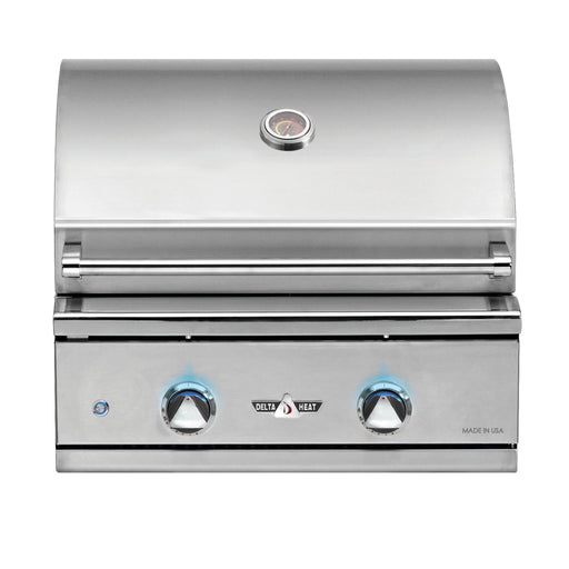 Stono Outdoor Living The Delta Heat 32-Inch 3-Burner Built-In Propane Gas Grill (DHBQ32G-DL) features a sleek stainless steel body, closed lid, two blue-lit control knobs, built-in thermometer, and has the Delta Heat logo on the front.