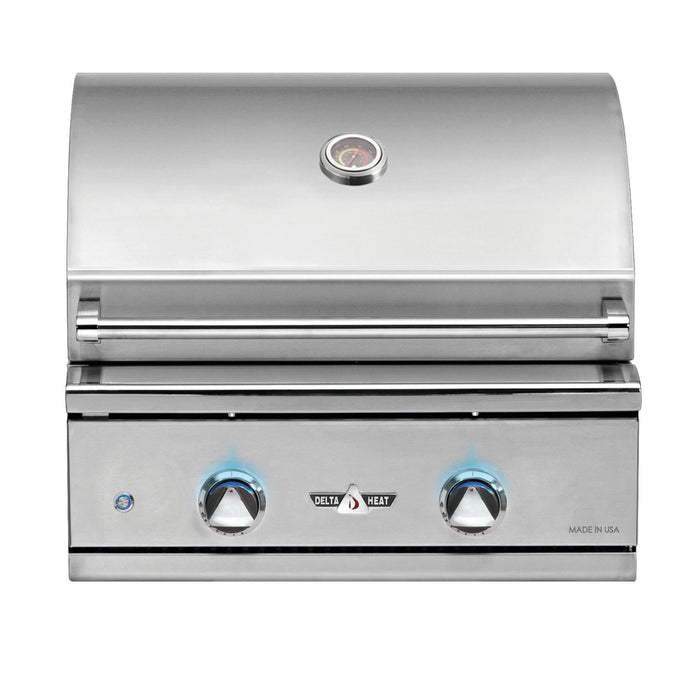 Stono Outdoor Living The Delta Heat 32-Inch 3-Burner Built-In Natural Gas Grill (DHBQ32G-DN) features durable 304 stainless steel, a closed lid with a temperature gauge, two blue-lit knobs, and signature branding—perfect for outdoor kitchens.