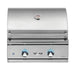 Stono Outdoor Living The Delta Heat 38-Inch 3-Burner Built-In Natural Gas Grill (DHBQ38G-DN) features a closed stainless steel lid, built-in temperature gauge, and two blue-lit control knobs—an ideal addition to any outdoor kitchen.