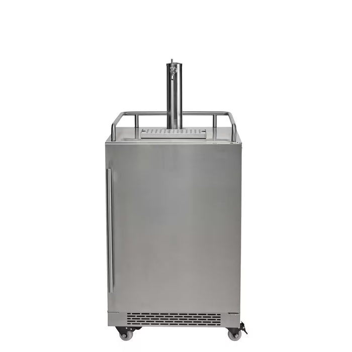 Stono Outdoor Living The Coyote 24" Outdoor Kegerator (C124KEG) features a stainless steel build, single tap, top railings, and four wheels—ideal for draft beverages; shown front-facing on a white background.